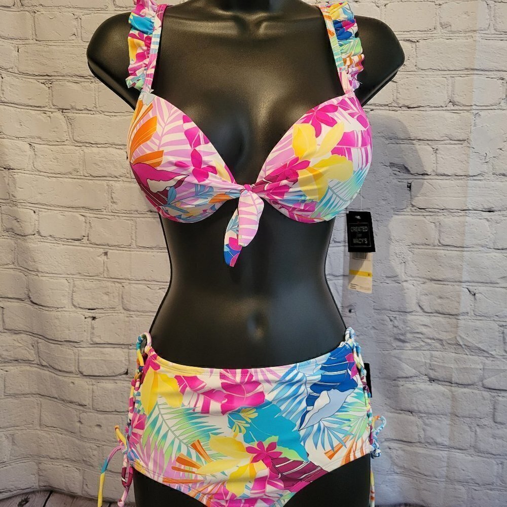 California Waves Juniors' Ruffle-Trim Bikini Top & Lace-up High-Waist Bottom